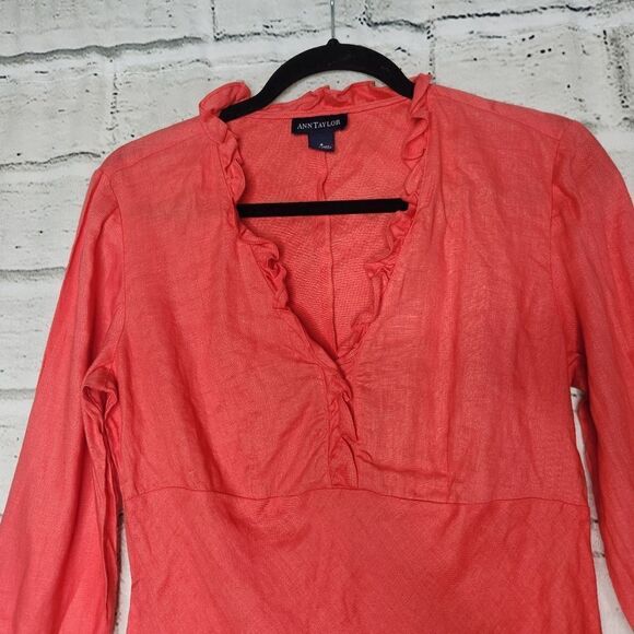 Ann Taylor Womens Coral Size 4 Linen Long Sleeve Blouse - Picture 10 of 11